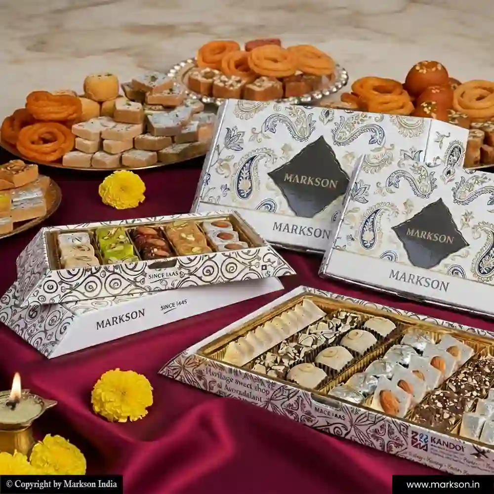 Buy Premium Rectangle Sweet Boxes with Spot UV Emboss Supplier Near Me Markson India