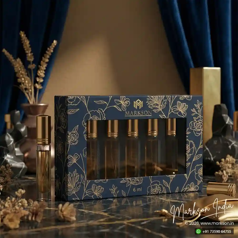 New 6ML Window Cardboard Combo Attar Boxes Matte Foiling Manufacturers Near Me Markson India
