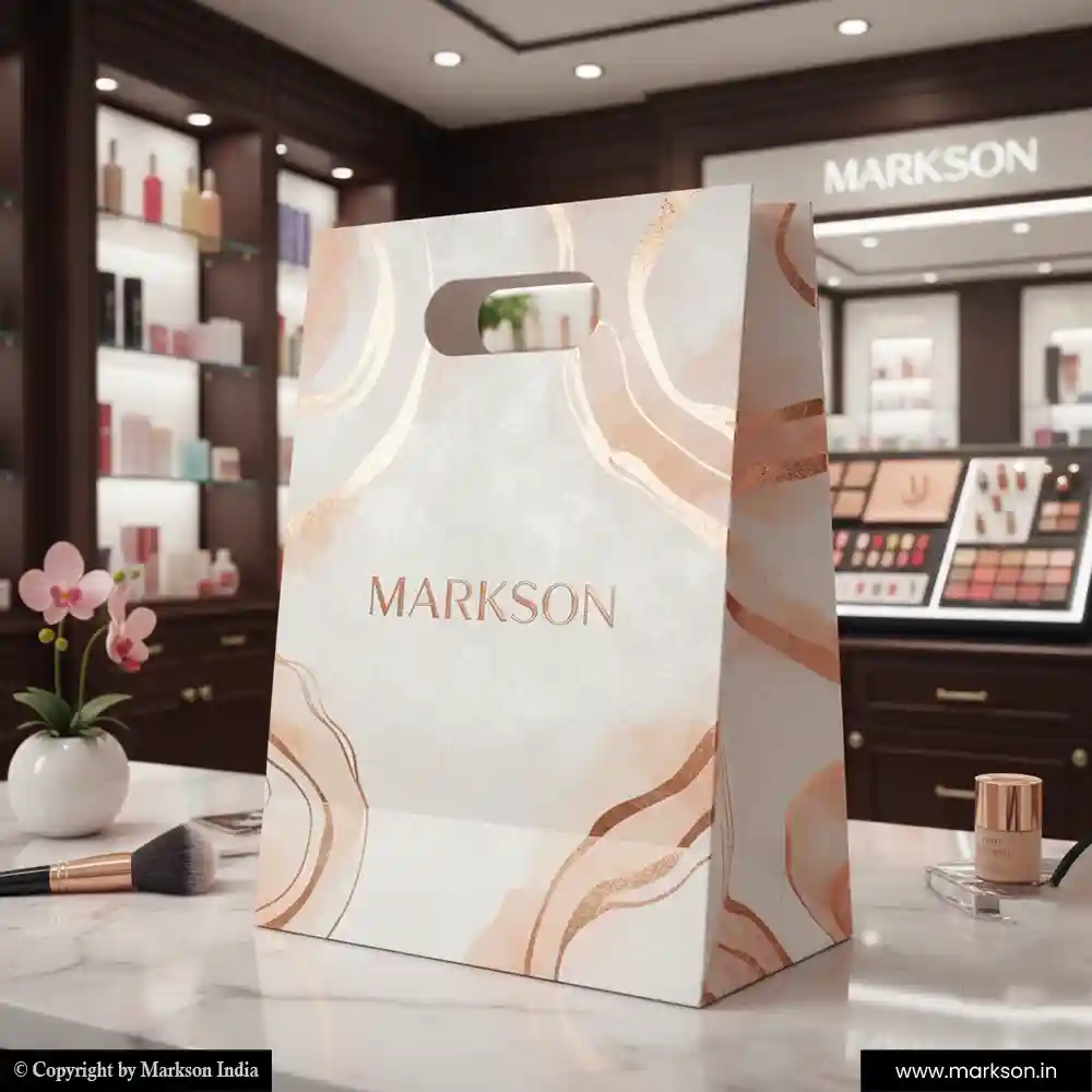 Unique Cosmetic Paper Bags with Die Cut Handle Mockup Design Markson India