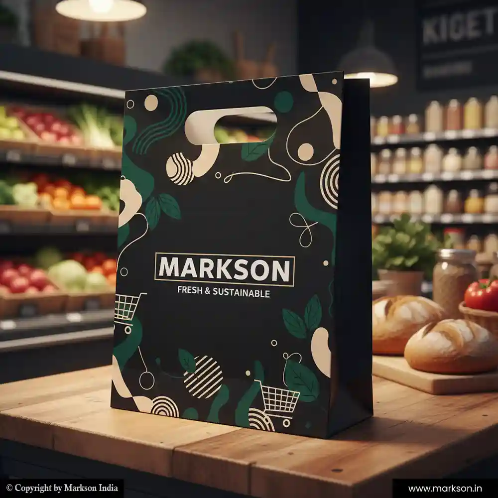 Unique Grocery Paper Bags with Die Cut Handle Mockup Design Markson India