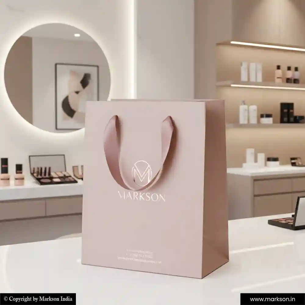 Unique Cosmetic Paper Bags with Ribbon Handle Mockup Design Markson India