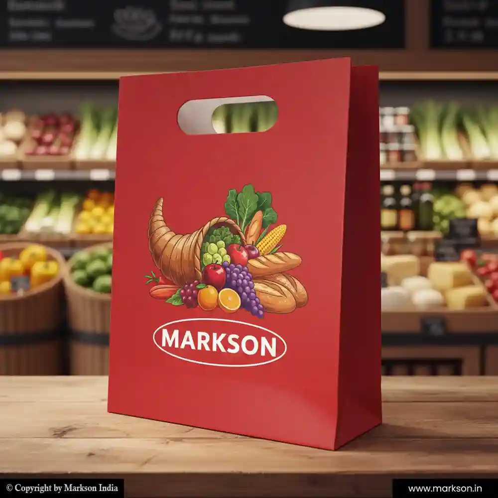 Unique Multicolour Paper Bags with Die Cut Handle Mockup Design Markson India