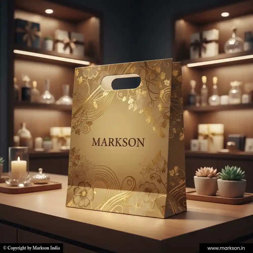 Unique Premium Design Paper Bags with Die Cut Handle Mockup Design Markson India
