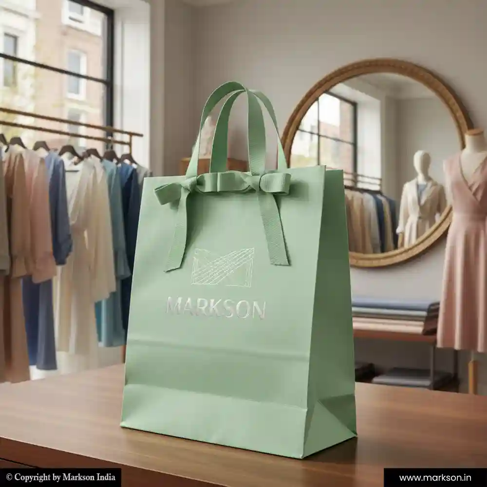 Unique Shopping Paper Bags with Ribbon Handle Mockup Design Markson India